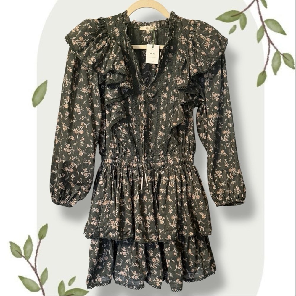 Ae77 Premium Floral Lace Ruffled Prairie Cottagecore Green Mini Dress Nwt- Xs